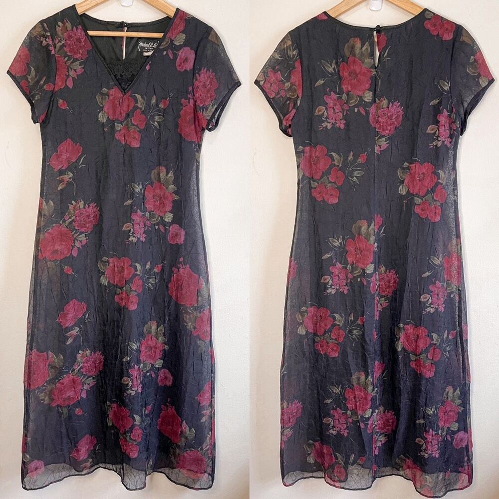 Vintage Y2K 90s Black V-Neck Floral Dress Size 8